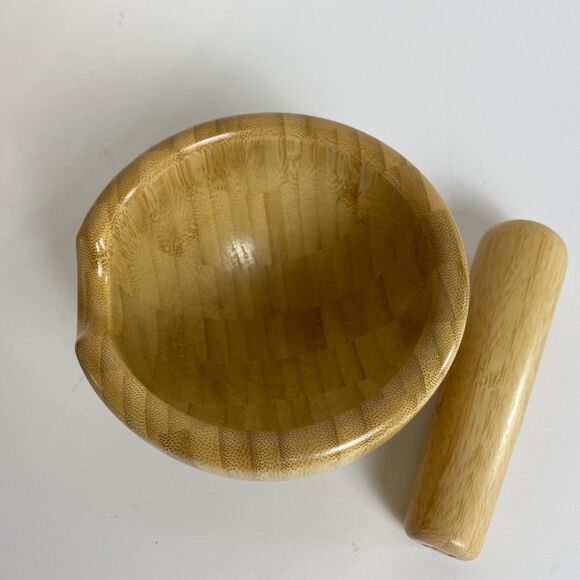 Loisa Bamboo Mortar & Pestle Set Garlic Pepper Press Grinder Crusher for Kitchen - Picture 3 of 8